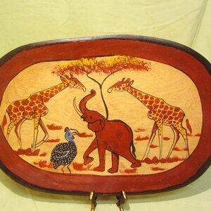 VTG 70'S HANDCARVED & PAINTED WOOD TRAY, AFRICAN FOLK ART